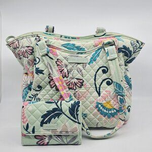 Vera Bradley Glenna Quilted Satchel Shoulder Bag and Wallet Mint Flowers Green
